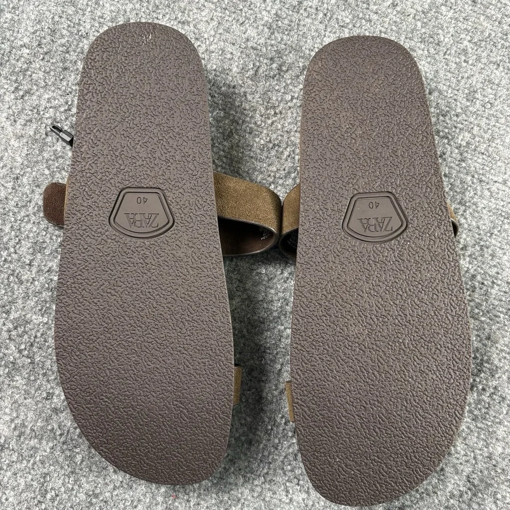 Zara Sandals Women's US 9 Brown Leather Buckle Slide Flat Minimalist Strappy NWT - Picture 8 of 13